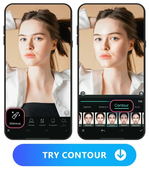 PhotoDirector edit UI highlight with Makeup feature icon and PhotoDirector makeup UI highlight with Contour feature icon images side by side